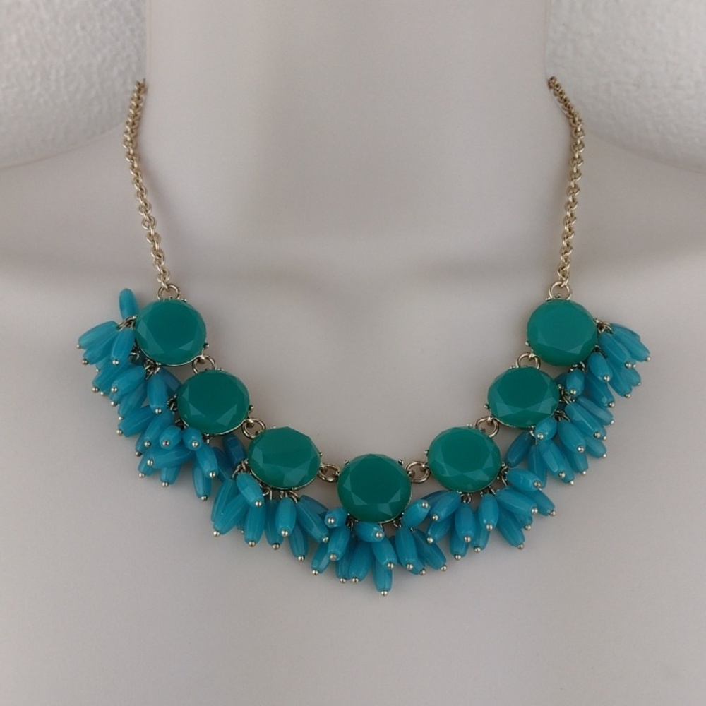Teal & Turquoise Tone Glass Bead Frilly Fringe Statement Necklace